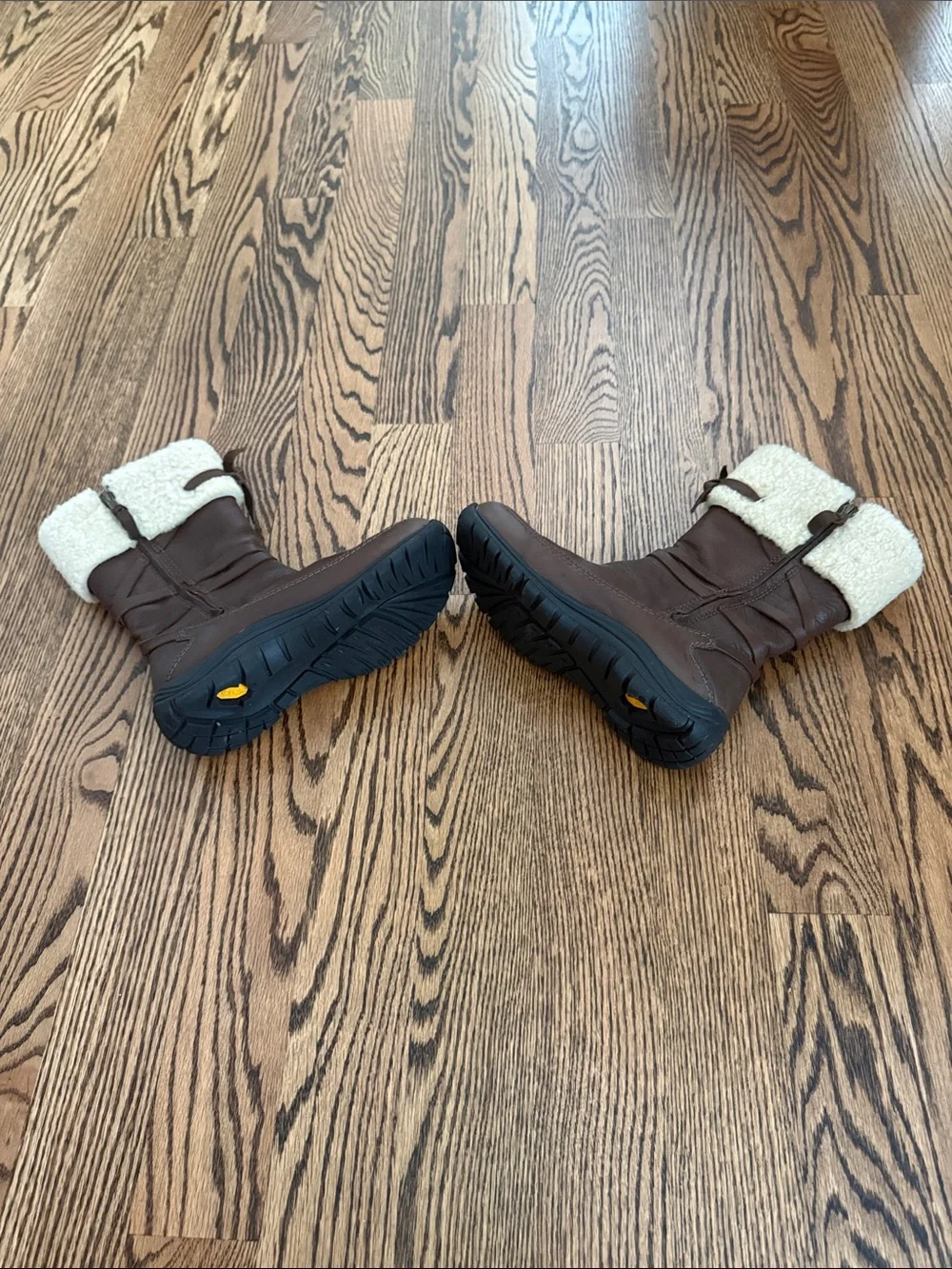 UGG Brown Leather Shearling Cuff Mid-Calf Boots with Rubber Soles